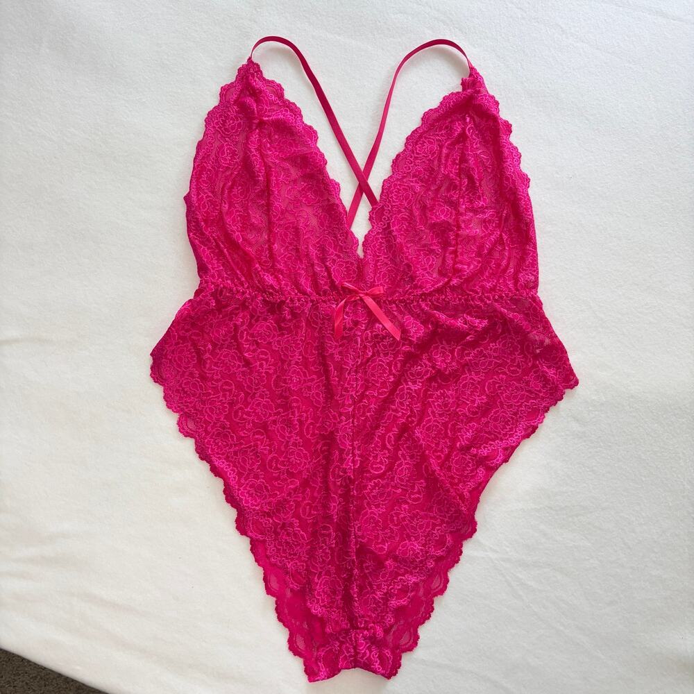 Womens Lace Lingerie Bodysuit Teddy Plus Size 3XL Semi Sheer Bright Pink